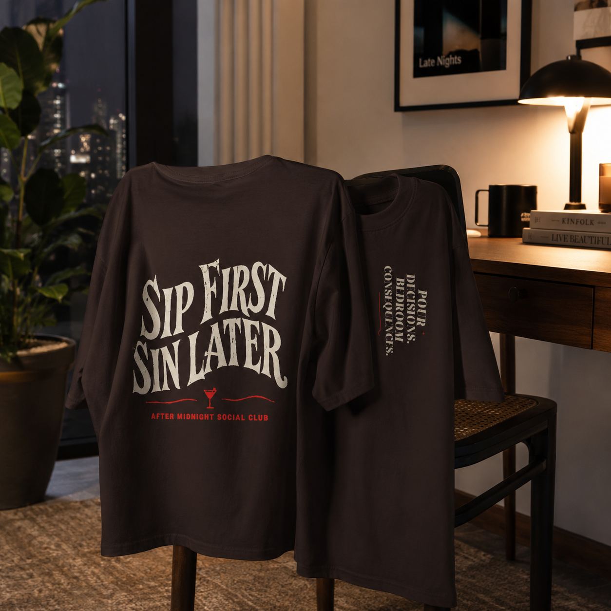Sip First Sin Later dark chocolate graphic tee - front view