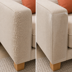 Before and after scratched sofa arm protected by thin clear adhesive film
