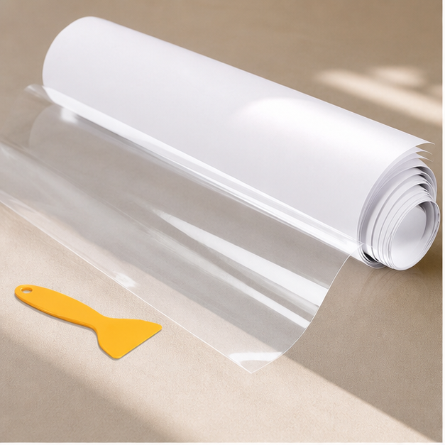 Clear furniture protector roll with scraper applicator