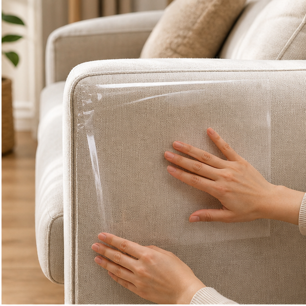 Clear scratch protector film applied to sofa arm